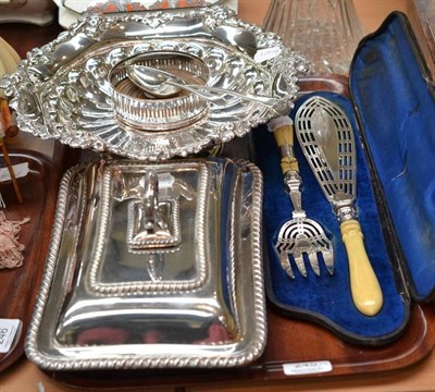 Lot 245 - A plated entree dish, pedestal dish, mounted claret jug, pair of servers and two spoons