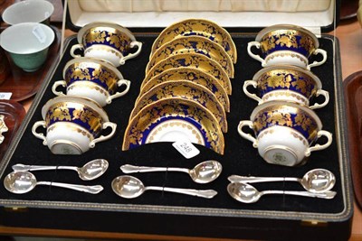 Lot 248 - A cased set of six Hammersley china ecuelles and saucers, with six plated spoons