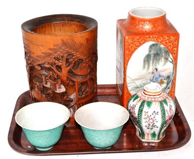 Lot 249 - A bamboo brush pot, a Samson vase, two tea bowls and a Chinese vase (a.f.)