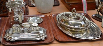 Lot 256 - A plated inkstand, an entree dish and cover, ice bucket and nips, a tray and pin tray and...