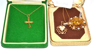 Lot 283 - A citrine and pearl brooch, a cultured pearl pendant on chain and a cross on chain