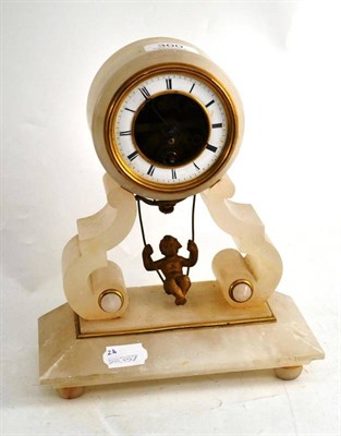 Lot 300 - A French alabaster mantel clock with gilt cherub pendulum