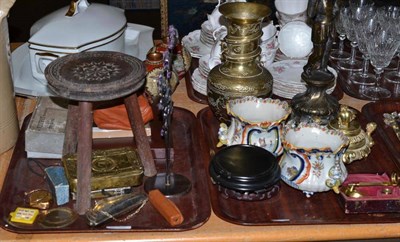 Lot 301 - Two trays of ceramics, metal ware and collectables including a lead cased portable microscope,...