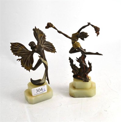 Lot 304 - Two Baranite cold painted bronzes of a torch dances and a fairy, each on a onyx base (2)