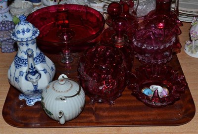 Lot 324 - A tray of cranberry glass, a Chinese melon form teapot, Halcyon days and other enamel boxes etc