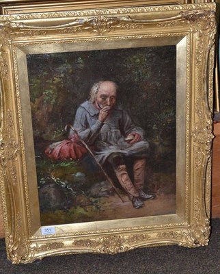 Lot 351 - William Bromley (1880-1888), an elderly man seated on a rock with a bindle eating his lunch, oil on