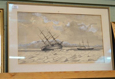 Lot 354 - English School (19th century), ships in the Arctic, watercolour, heightened with white