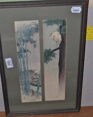 Lot 359 - Small collection Japanese woodblock prints by Hiroshige and others and two paintings on silk