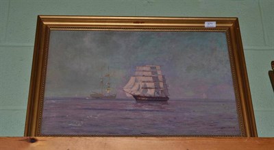 Lot 371 - F H Mason, oil on canvas of ships in a calm