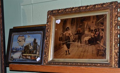 Lot 374 - Three oversized chrystoleums in gilt frames and a reverse printed glass picture (4)