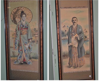 Lot 384 - Two large prints of a lady and gentleman in Oriental costume, two oil on canvas pictures of...