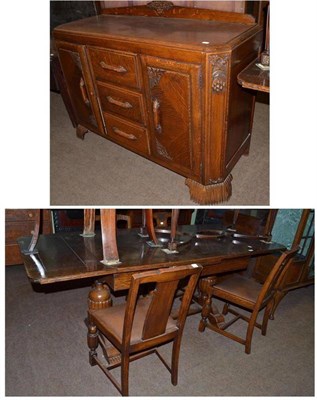 Lot 496 - Dining room suite comprising draw leaf table, four chairs and sideboard