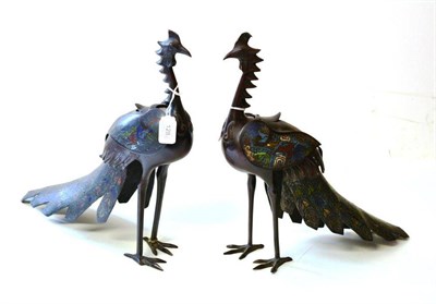 Lot 128 - A Pair of Chinese Cloisonné Peacocks, Qing Dynasty, each standing with folded removable wings...