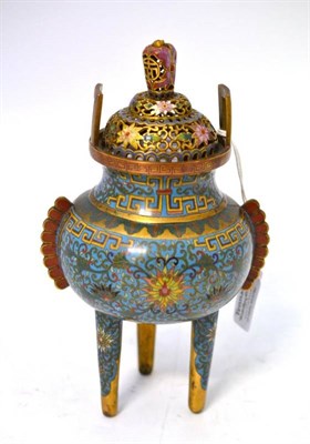 Lot 129 - A Chinese Cloisonné Enamel Incense Burner and Pierced Cover, in Qianlong style, the pierced...