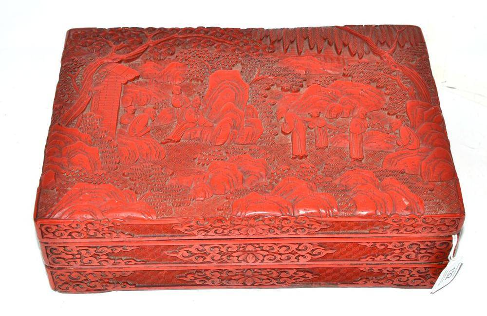 Lot 132 - A Chinese Red Cinnabar Lacquer Rectangular Box, in three tiers, deeply carved with figures,...