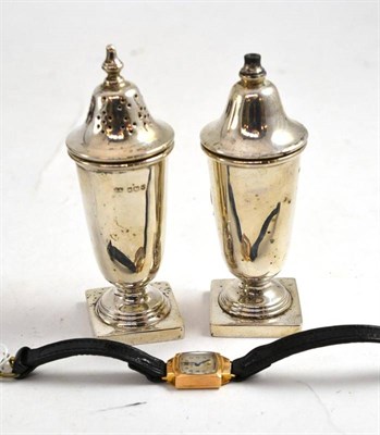 Lot 9 - Silver salt and pepper and a 9ct gold lady's watch