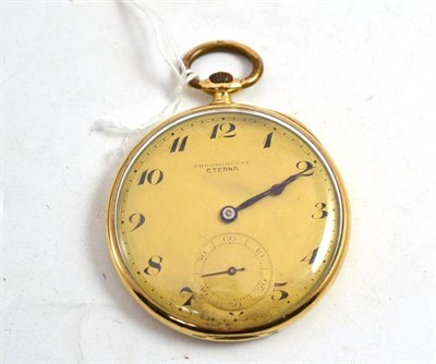 Lot 19 - An open faced pocket watch signed Eterna, case stamped 14k