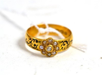 Lot 25 - A 22ct gold diamond, pearl and enamel ring