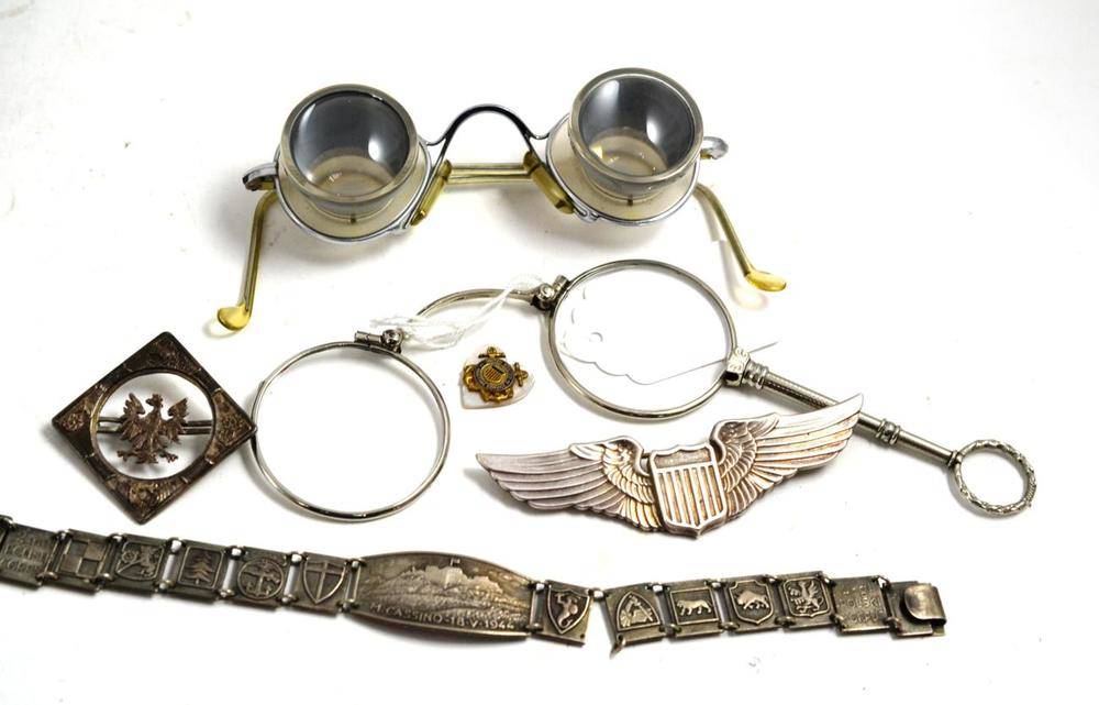 Lot 30 - Jeweller's glasses, lorgnettes, silver badge, a bracelet, a Polish badge and a heart-shaped badge