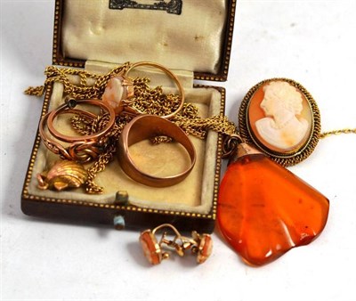 Lot 56 - A 9ct gold ring, a cameo ring stamped '9ct', pair of cameo earrings stamped '9ct', cameo...