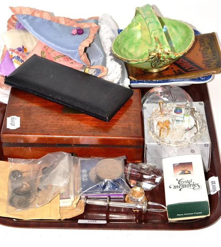 Lot 58 - Mahogany cased drawing set, souvenir embroidered handkerchiefs, assorted coins, Swarovski...