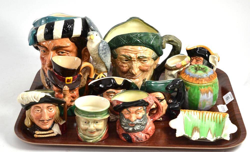 Lot 59 - A collection of ten Royal Doulton and other character mugs, a Shelley Harmony dripware preserve jar