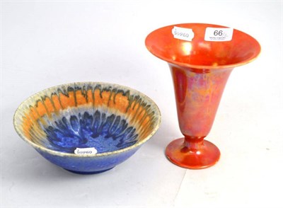 Lot 66 - Ruskin orange iridescent footed vase and a pottery drip glaze bowl (2)