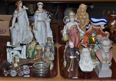 Lot 69 - Two trays including Continental figures, Allertons Toby jug, Coalport figure of a monk, a...