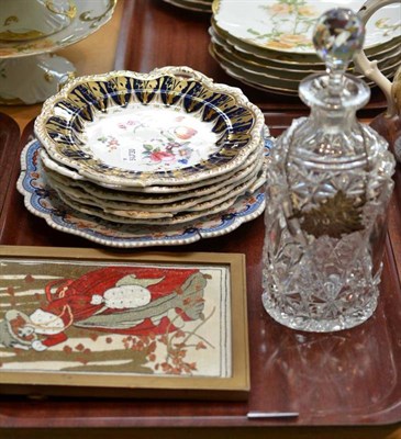 Lot 93 - A set of six bone china dessert plates, a decanter, a 'stone china' dish and an embroidered picture