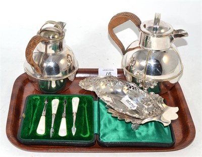 Lot 97 - Three assorted silver dishes, two Guernsey milk cans and a part set of snail picks