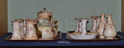 Lot 109 - Six Crown Devon vases, two Crown Devon teapots, etc (on one shelf)