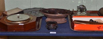 Lot 110 - A mahogany aneroid barometer, a Victorian Universal duster, inkstand, etc