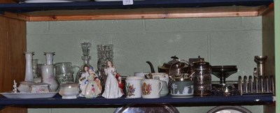 Lot 114 - Five Royal Doulton figures, cut glassware, souvenir pottery, plated wares, dressing table set, etc