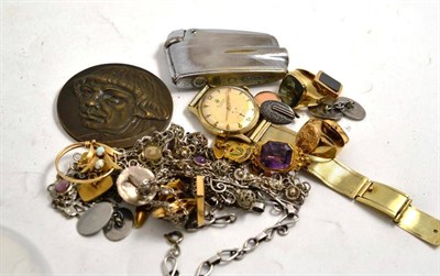 Lot 173 - Collection of chains, rings, cufflinks, wristwatches, bronze medallion, lighter, etc