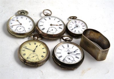 Lot 176 - A silver pocket watch, two pocket watches with cases stamped '935' and '925', two plated...