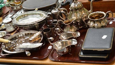 Lot 201 - Pair of silver sauce boats, three piece plated tea set and a quantity of plated wares