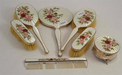 Lot 204 - A silver and enamel dressing table set