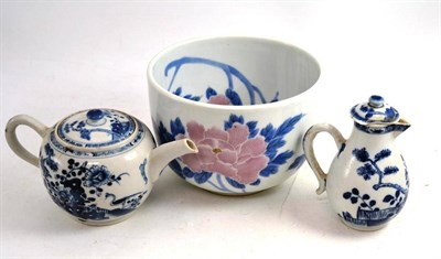 Lot 205 - A Japanese porcelain jardiniere, an 18th century sparrow beak jug and cover and an 18th century tea