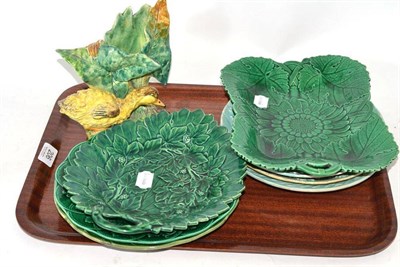 Lot 206 - Three Majolica dessert plates, four green dessert dishes and a Majolica figure of a duck