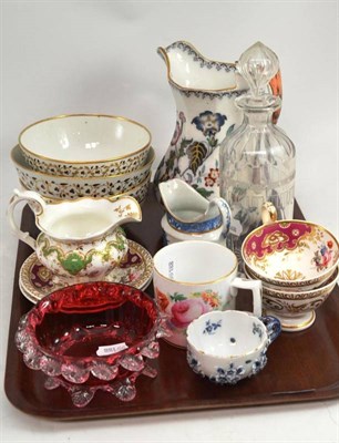 Lot 215 - Three bowls, two cups and saucers, two jugs, a mug, an encrusted cup, decanter and cranberry bowl