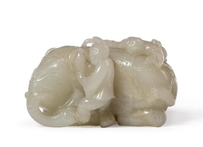 Lot 159 - A Chinese Carved Pale Celadon Jade Carving  "Washing the Sacred Elephant ", 18th/19th century,...
