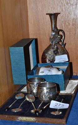 Lot 273 - Silver bean spoons, two niello serviette rings, an egg coddler and an Israeli white metal...