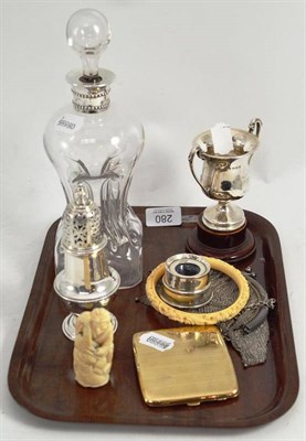 Lot 280 - Silver trophy cup, silver collared decanter, okimono and sundry