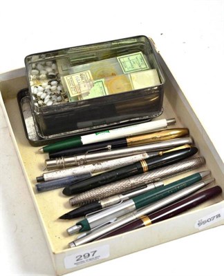 Lot 297 - A Sterling silver Sheaffer fountain pen, a quantity of other pens and microscope slides