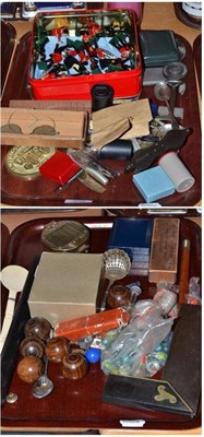 Lot 308 - Two trays of collectors items including lead soldiers, silver medals, carpet bowls, sovereign...