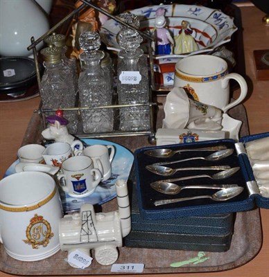 Lot 311 - Carlton crested model of 'Locomotion', other crested ware and three cased sets of silver teaspoons