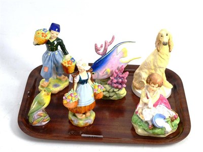 Lot 316 - Pair of Royal Worcester figures Dutch Boy and Girl and another of a dog, Little Miss Muffet,...