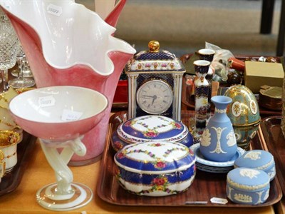 Lot 320 - Three pink and white paste glass vases/comport and a tray of Wedgwood blue Jasperware and blue...