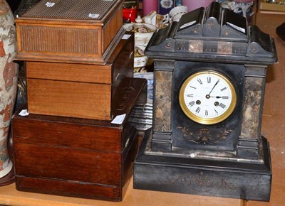 Lot 323 - A Victorian black slate mantel clock, three work boxes, a silver and enamel lapel badge and a...