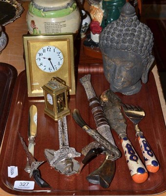 Lot 327 - Tray including brass mantel clock, miniature carriage clock, decorative white metal knives etc